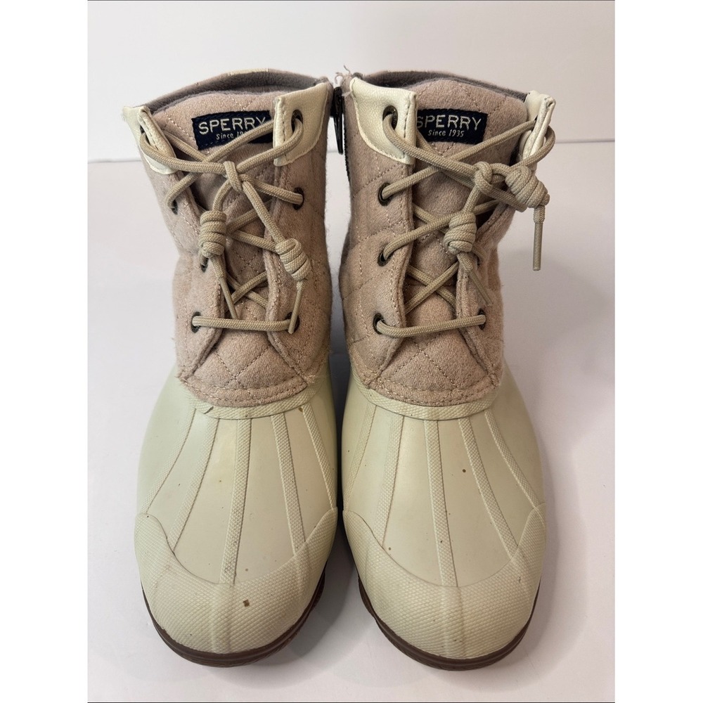 Sperry Duck Boots Quilted Wool Lace-Up Side Zip Waterproof Boots, Tan & Cream